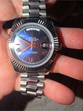 Day-Date Stainless Steel Watch with Blue Dial